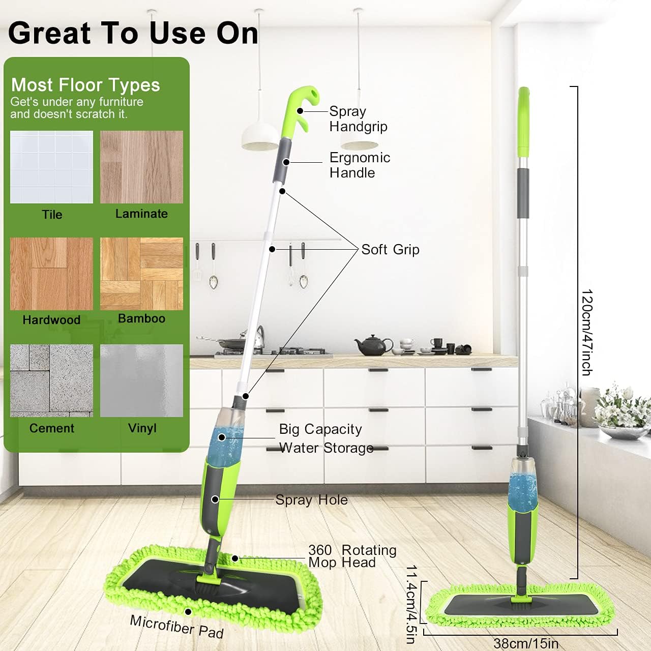 Döner Başlıklı Spreyli Mop Parke Ahşap Fayans Temizleyici Su Hazneli Sihirli Paspas