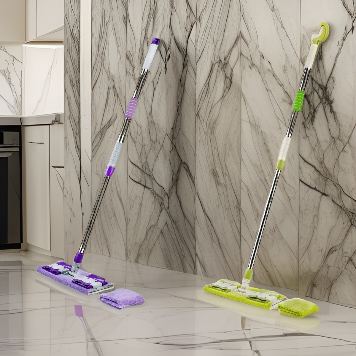 Mikrofiber Mandallı Mop, Teleskopik Saplı Set +1 Yedek Bezli Yeşil Renk